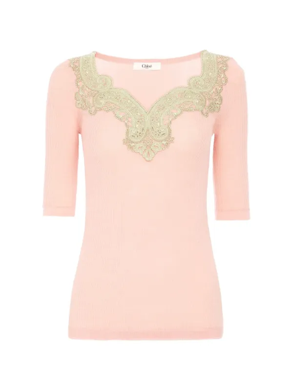 Chloé Fitted Pullover with Elbow-length Sleeves in Wool and Lace in Pink