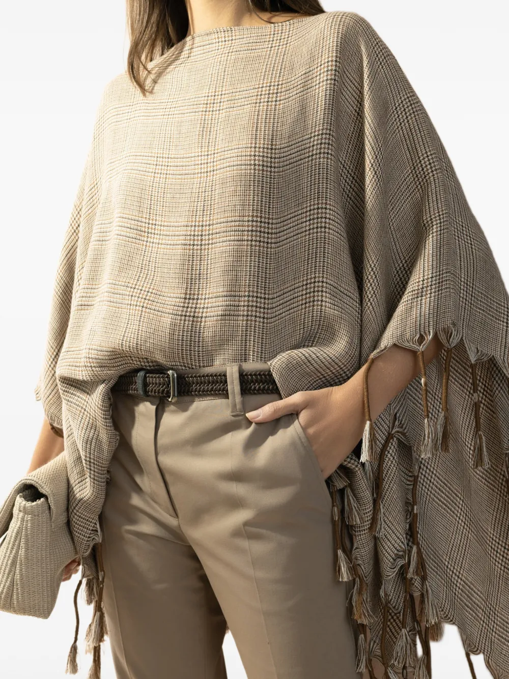 Brunello Cucinelli Prince of Wales poncho met franje Beige