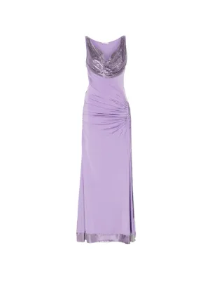 open lace back dress Paco Rabanne Purple Short Sleeved Mini Dress with Ruched Detail and Si –  Sellier main image 0