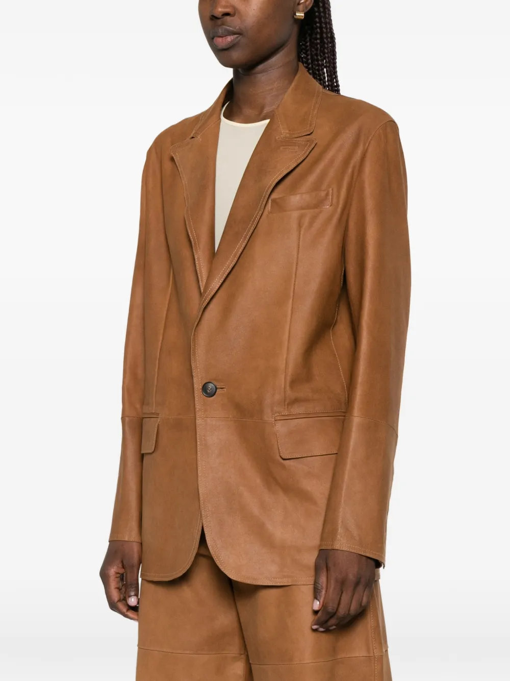 Tela Leren blazer met gekerfde revers Bruin
