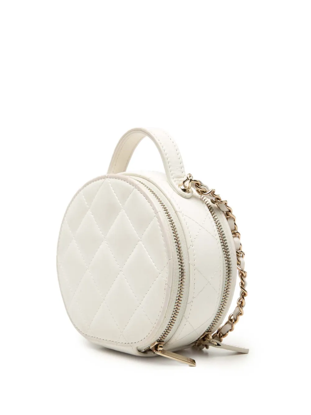  Chanel Pre-owned 2021-2026 Quilted Lambskin Handle With Care Round Vanity Case With Chain Satchel - White 