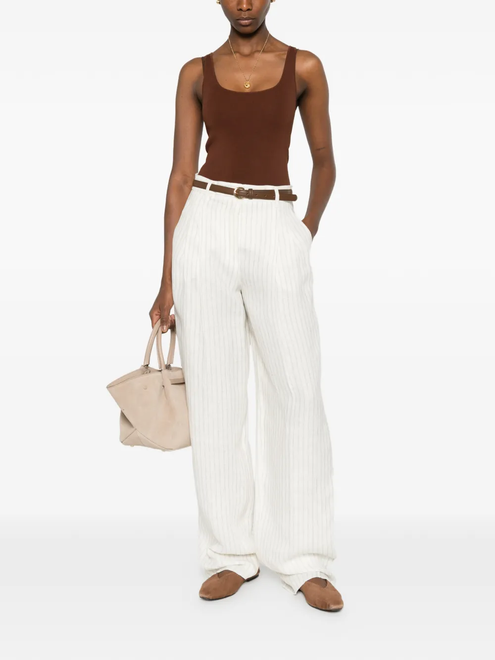 Max Mara Fonte gestreepte broek met ceintuur Beige