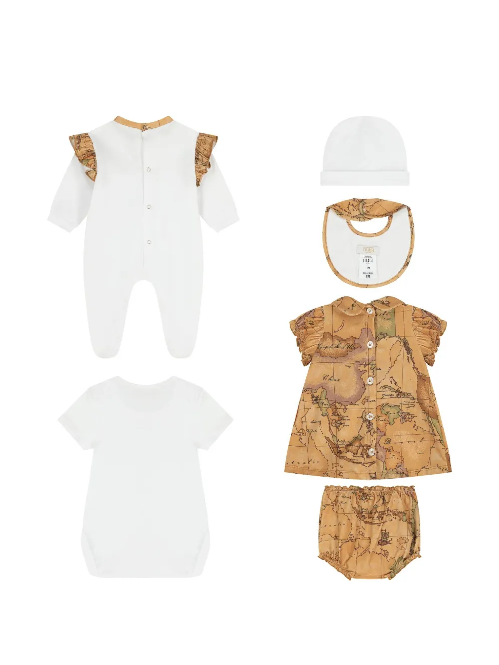  Alviero Martini Kids Set 1ᴬ Classe Geo Map Con Pelele, Body, Vestido, Cubrepañales, Babero Y Gorro - Blanco 