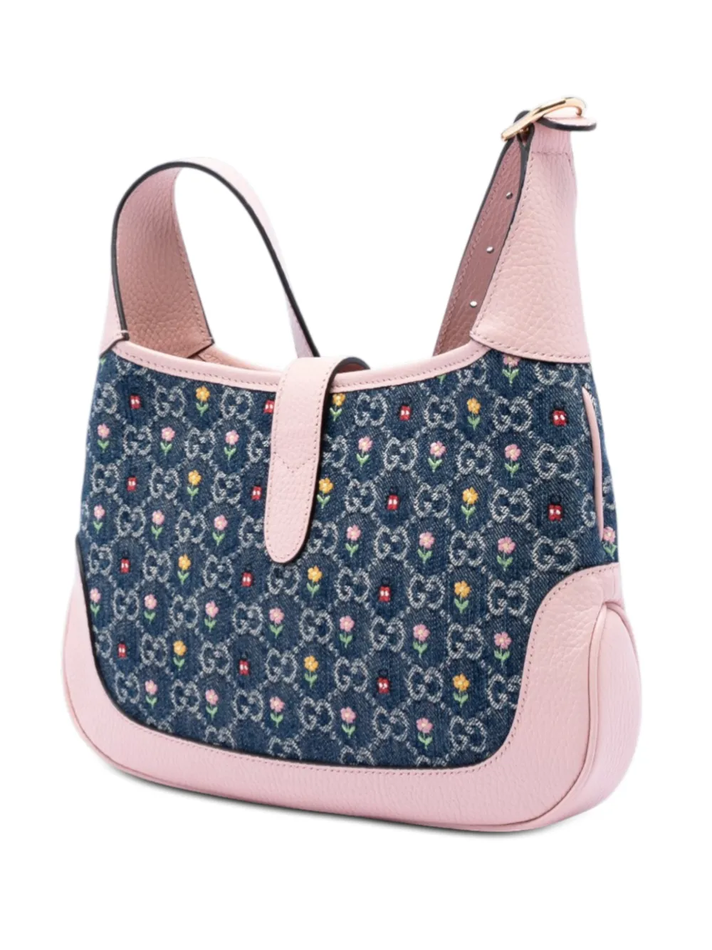  Gucci Pre-owned 2016-2026 Limited Edition Small Gg Denim Embroidered Floral Jackie 1961 Crossbody Bag - Pink 