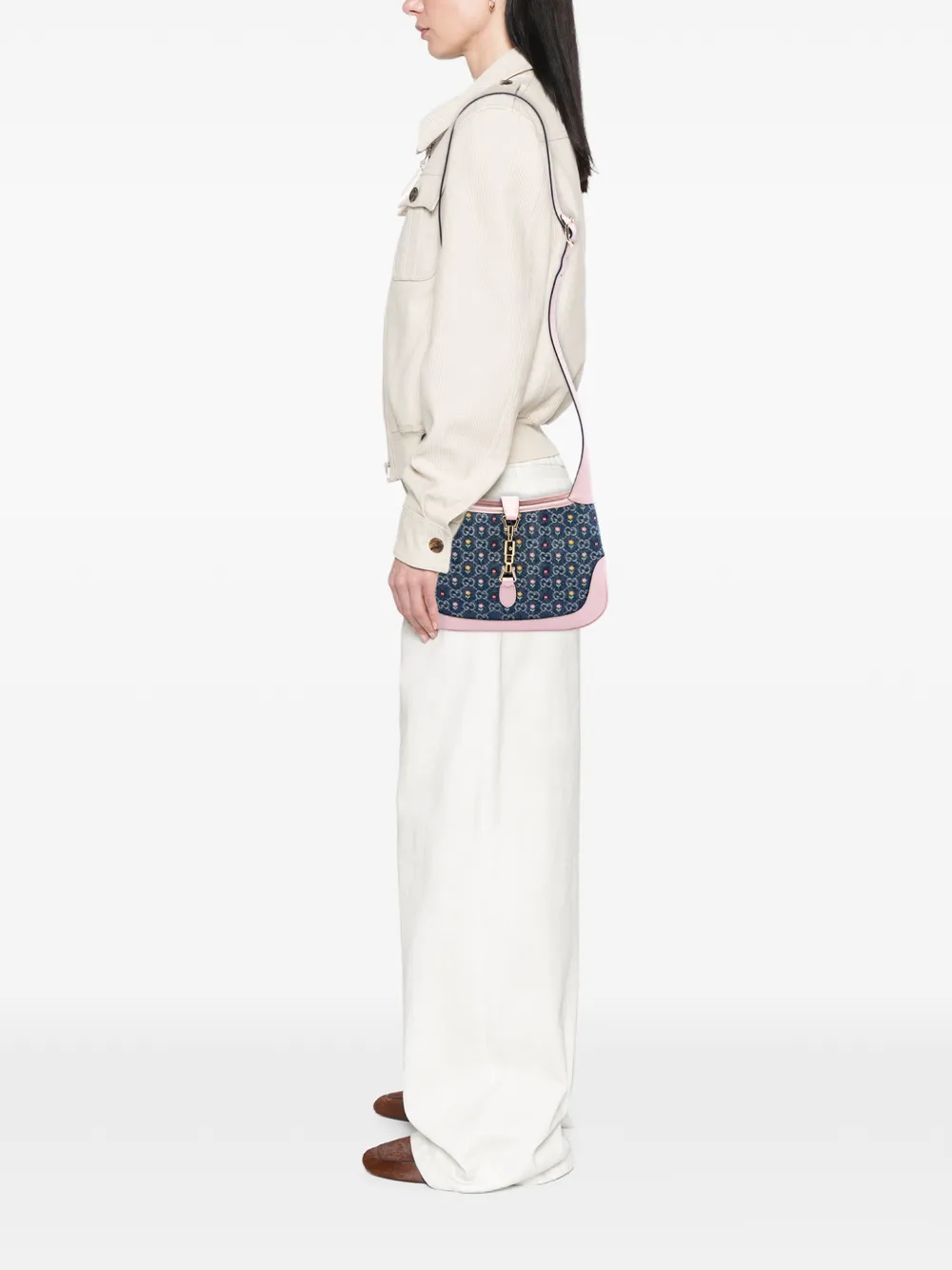  Gucci Pre-owned 2016-2026 Limited Edition Small Gg Denim Embroidered Floral Jackie 1961 Crossbody Bag - Pink 