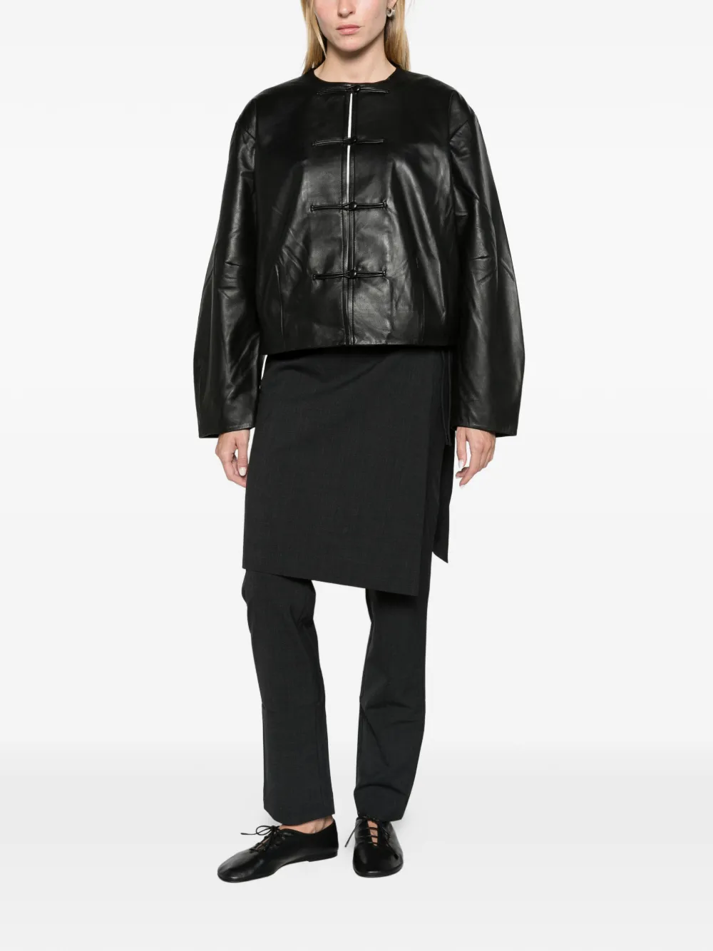 St. Agni button-detail cocoon leather jacket black Zwart