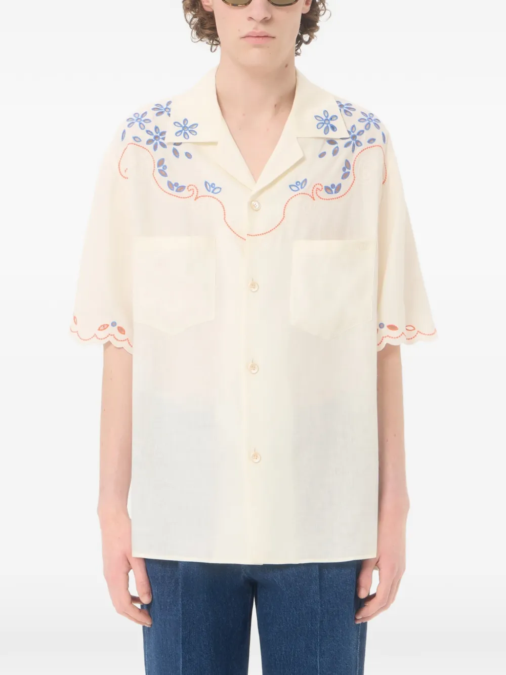 Valentino Garavani Linnen bowlingshirt met San Gallo kant en VLogo borduurwerk Wit