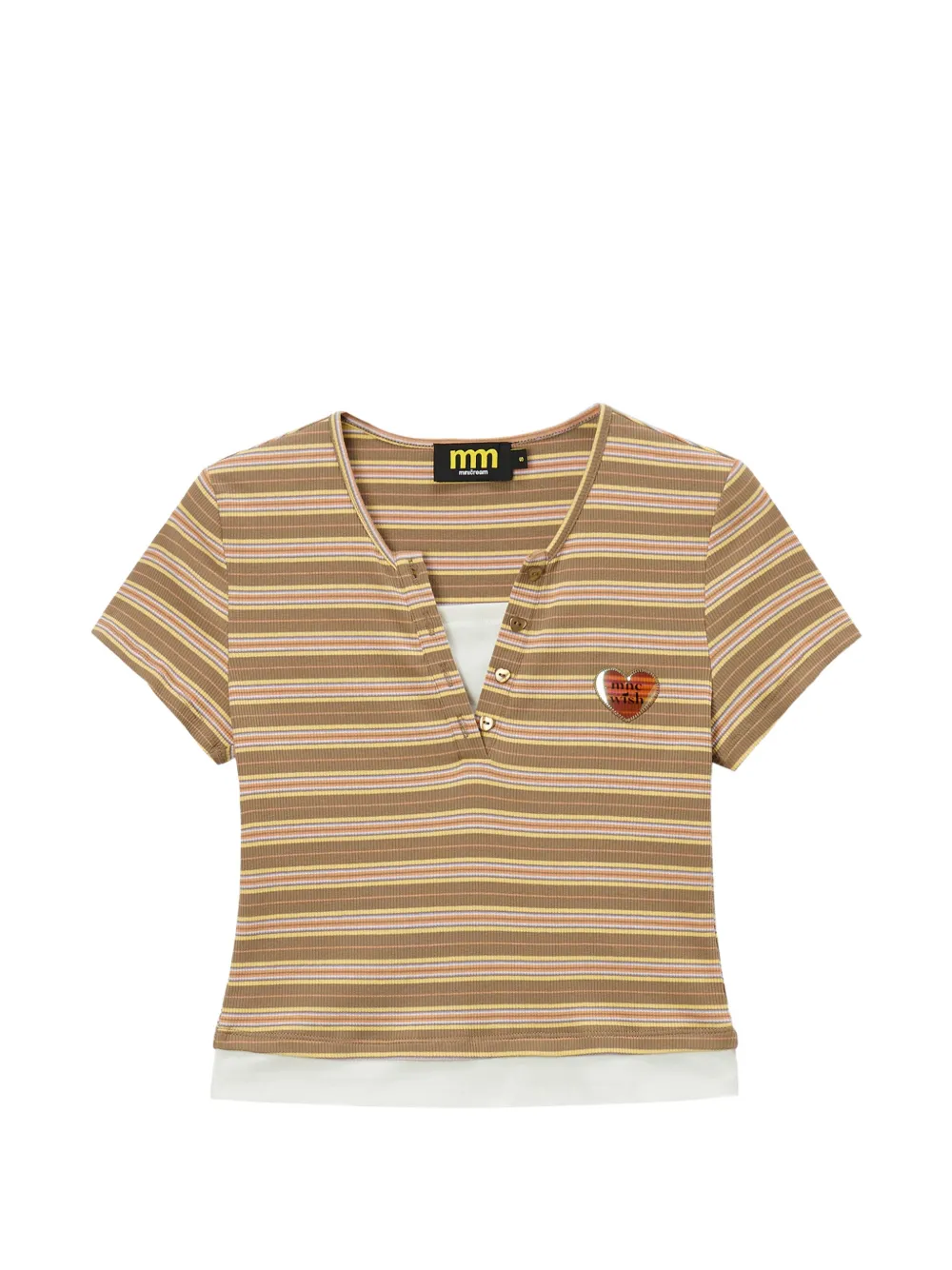Mini Cream striped button-detail T-shirt - Marrone
