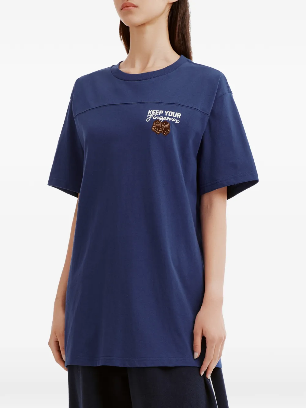  Fingercroxx Embroidery Panelled T-shirt - Blue 