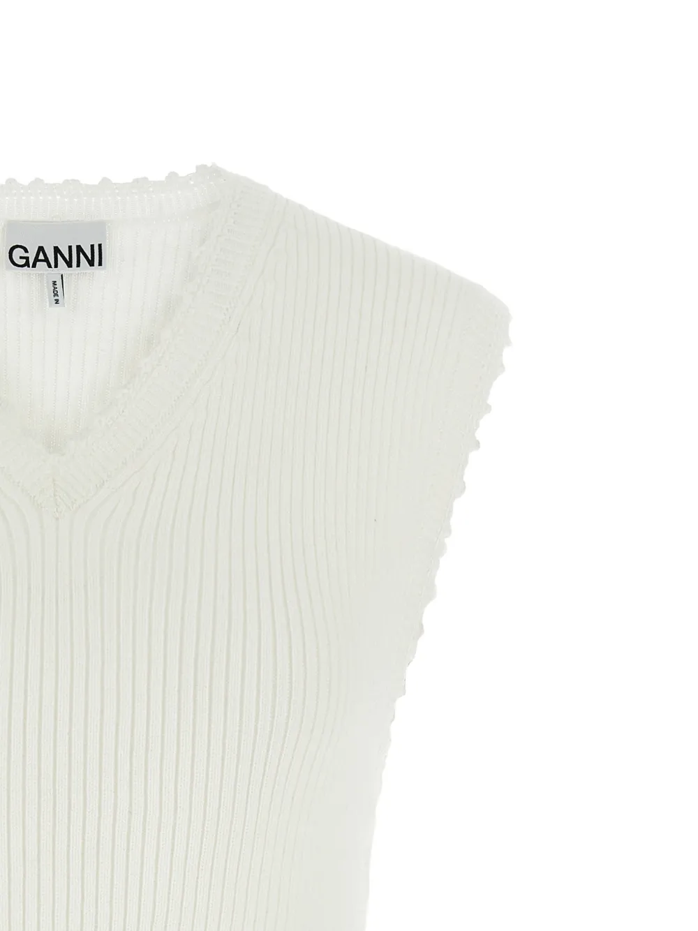 GANNI Gehaakte geribbelde tanktop met V-hals Beige