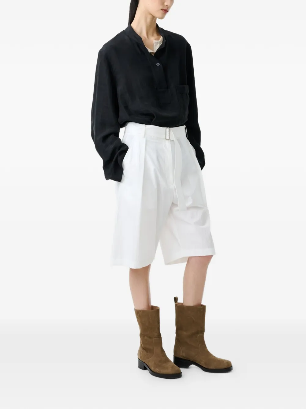  Studio Nicholson Baye Twill Grandad-collar Pocket Shirt - Black 