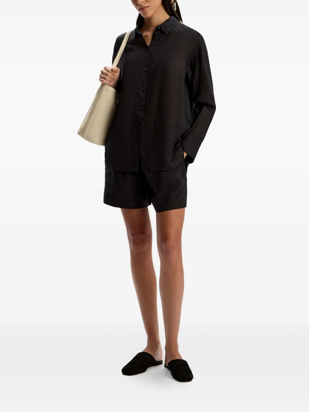 12 STOREEZ Ramie shorts met trekkoord Zwart