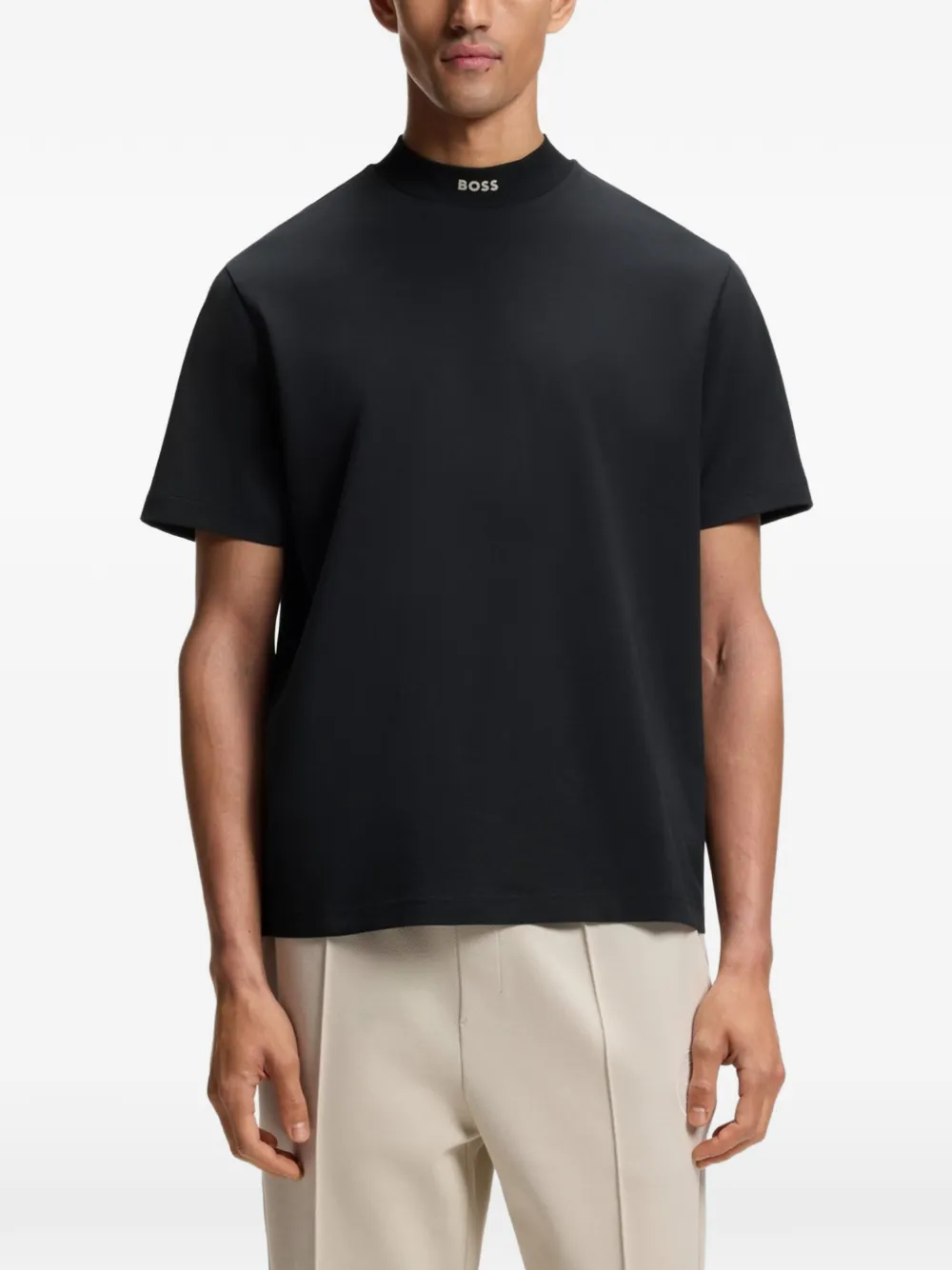 BOSS Stretch katoenen T-shirt met logokraag Blauw