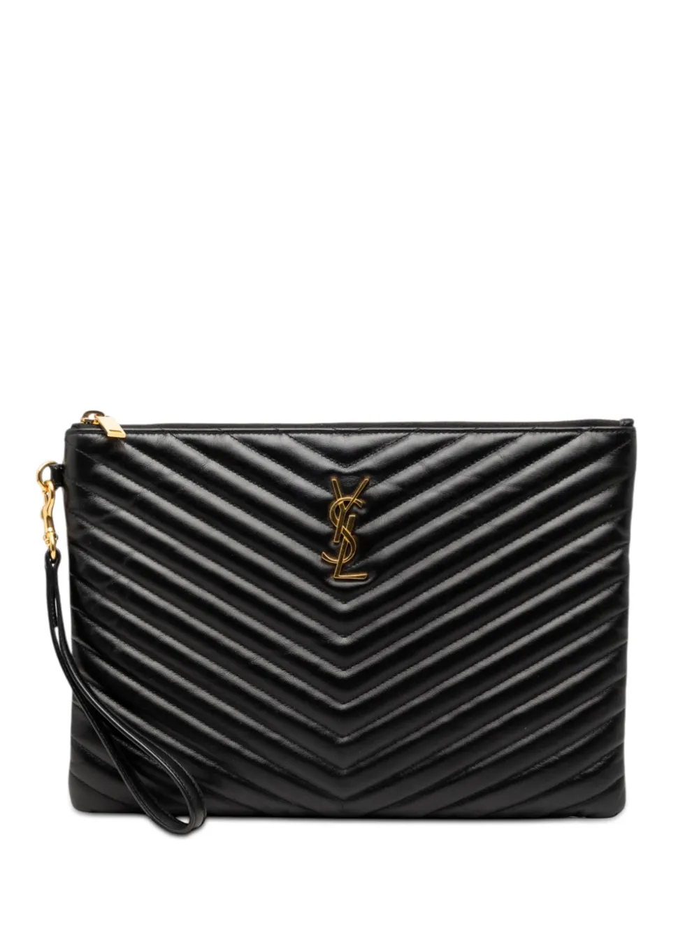 Saint Laurent Pre-Owned 2020 Chevron Calfskin Monogram Zip A4 Pouch clutch bag - Black