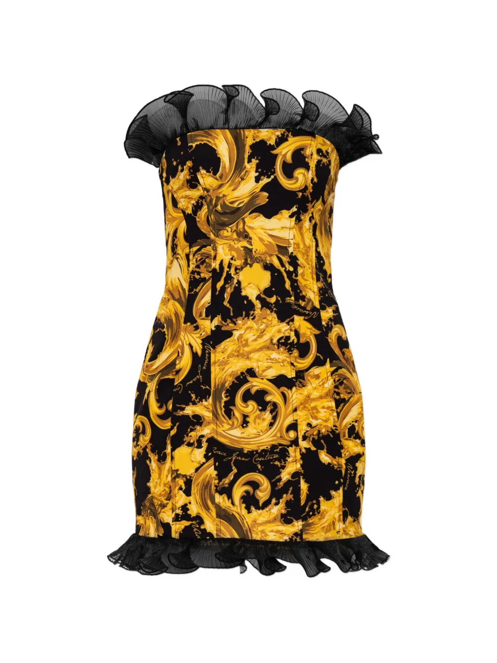 Versace Jeans Couture off-shoulder ruffled-details baroque-print mini dress - Oro