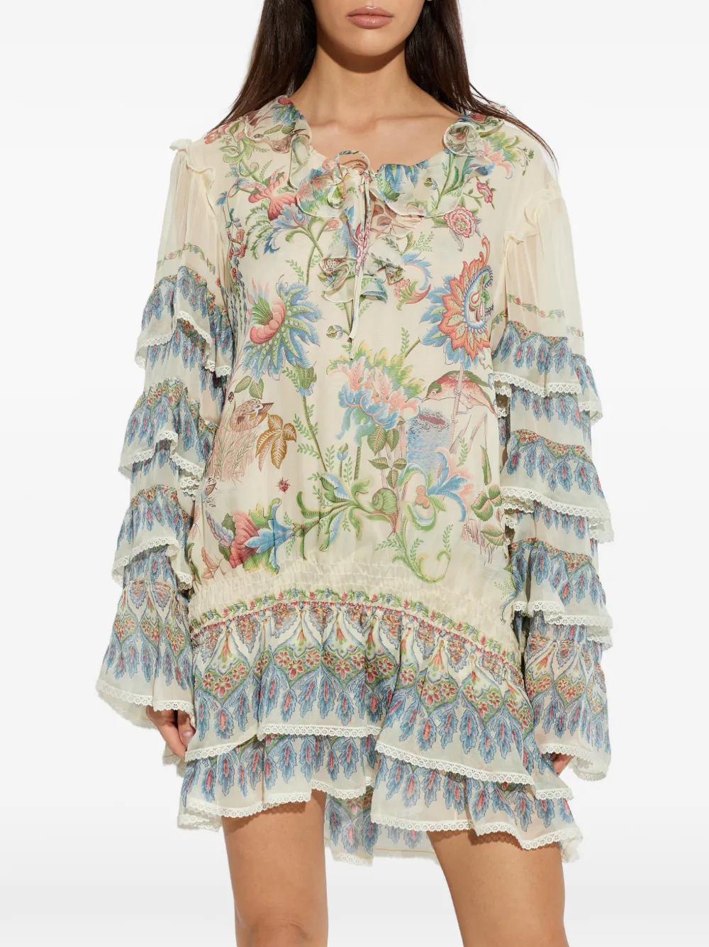 ETRO Mini-jurk met bloemenprint en ruches Beige