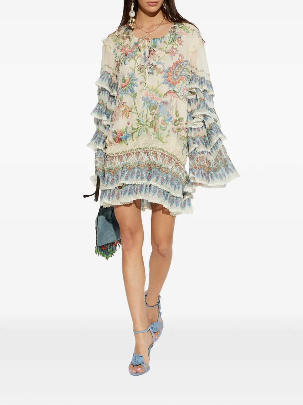 ETRO Mini-jurk met bloemenprint en ruches Beige