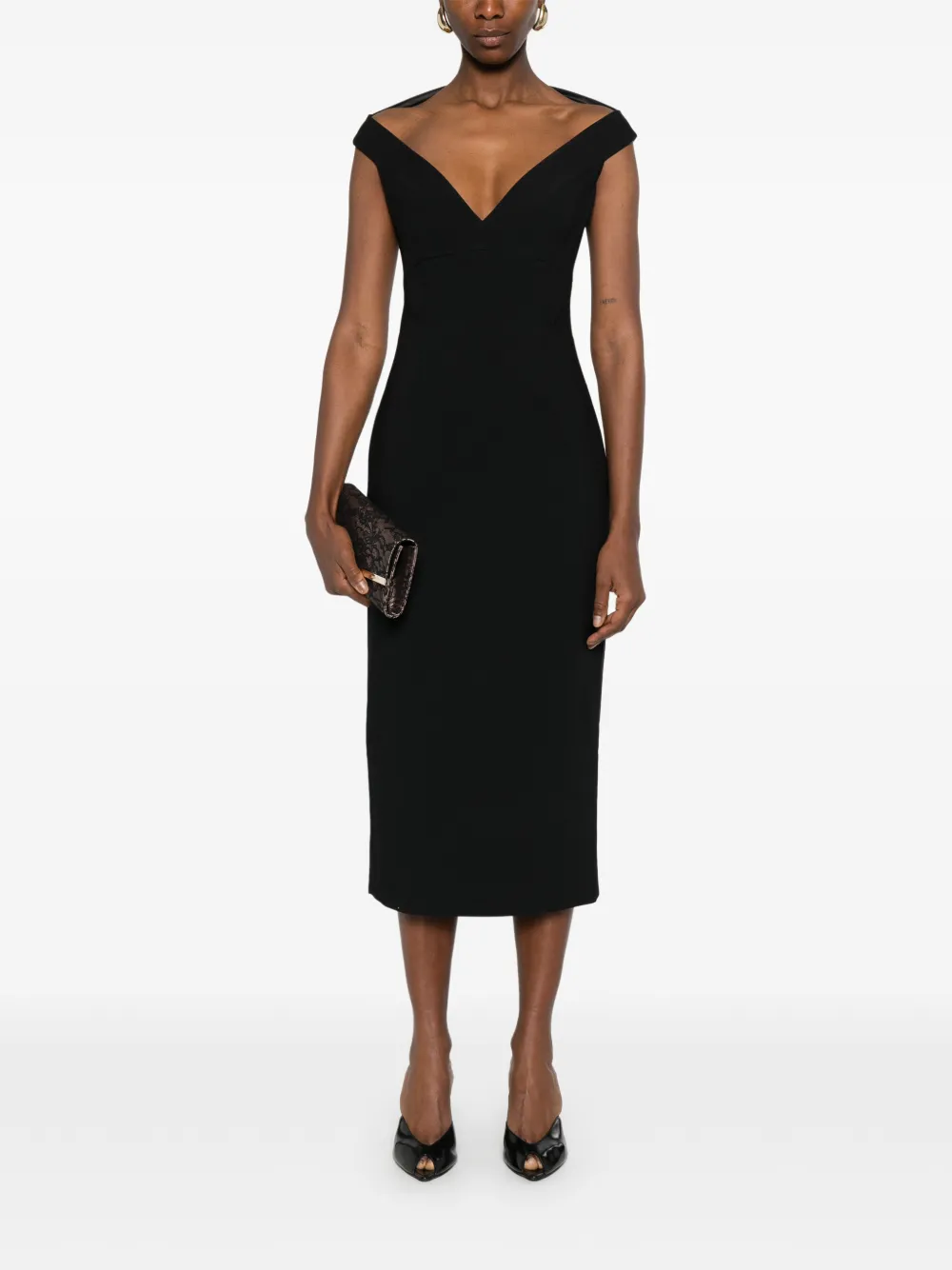 Solace London Monica midi-jurk met V-hals Zwart