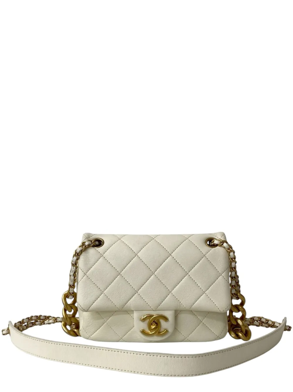 CHANEL Pre-Owned 2021-2025 Mini Quilted Shiny Lambskin Dual Chain Flap crossbody bag - Bianco