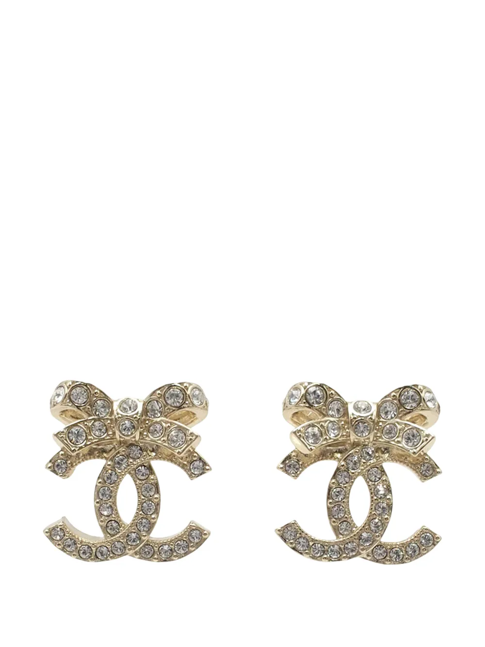 CHANEL Pre-Owned 2023 CC Gold Plated Ribbon Rhinestones Push Back Earrings costume earrings - Oro
