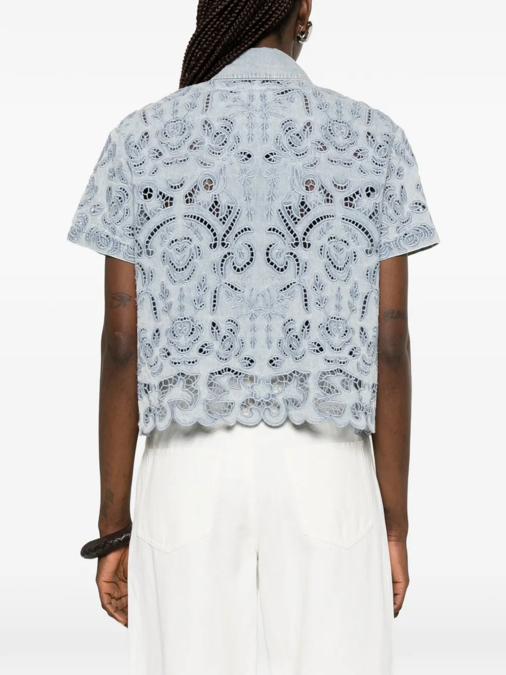 alice + olivia Blouse met bloemenkant en knoop Blauw