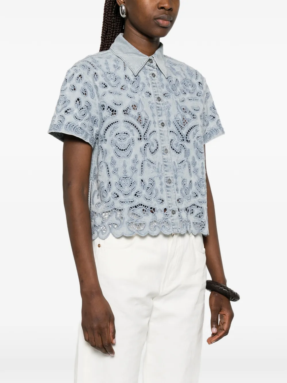 alice + olivia Blouse met bloemenkant en knoop Blauw