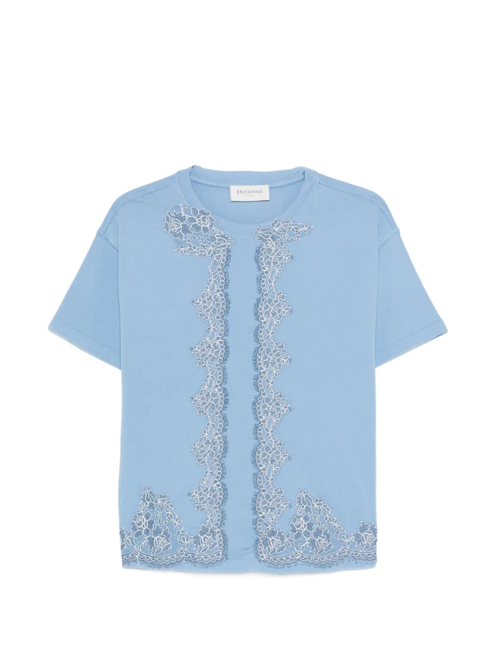 ERMANNO FIRENZE lace-trim embroidered T-shirt - Blu