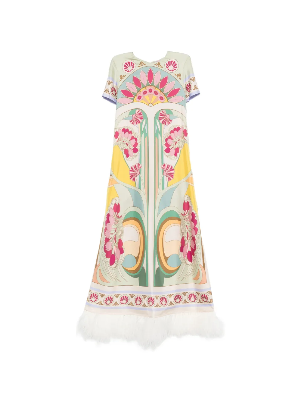La DoubleJ Tulip Placée-print feather-trim maxi dress - Toni neutri