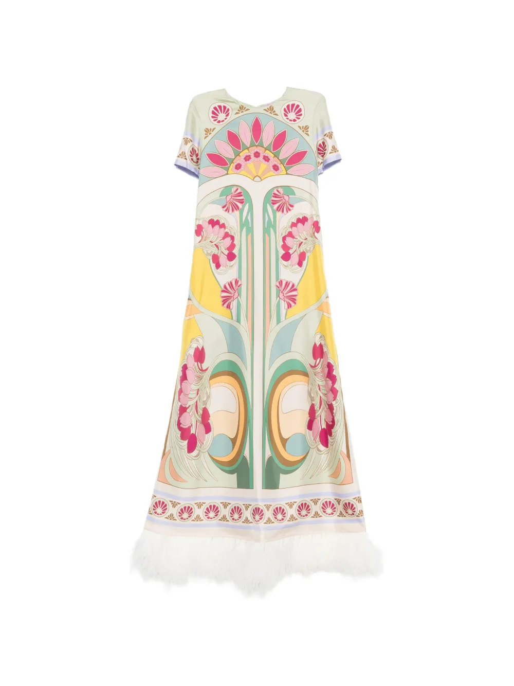 La DoubleJ Tulip Placée-print feather-trim maxi dress - Toni neutri