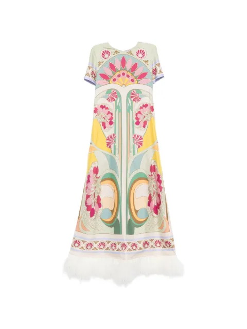 La DoubleJ Tulip Placée-print feather-trim maxi dress