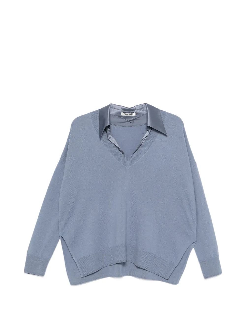 Max & Moi Satin-collar V-neck Sweater In Blue