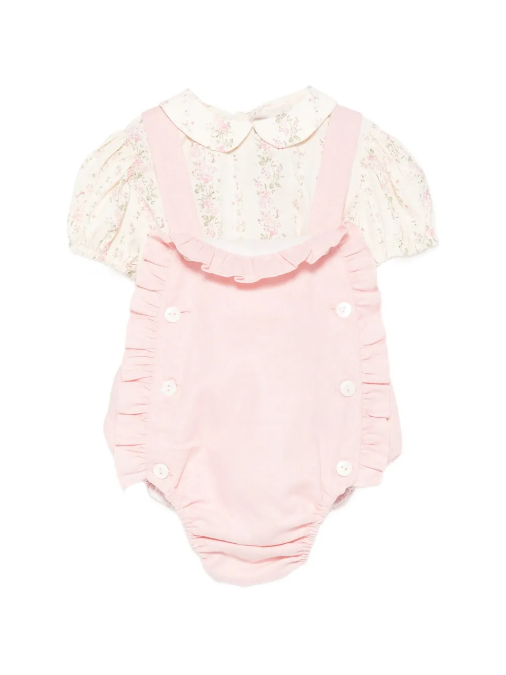 La Stupenderia ruffled floral-print dungarees and top set - Rosa
