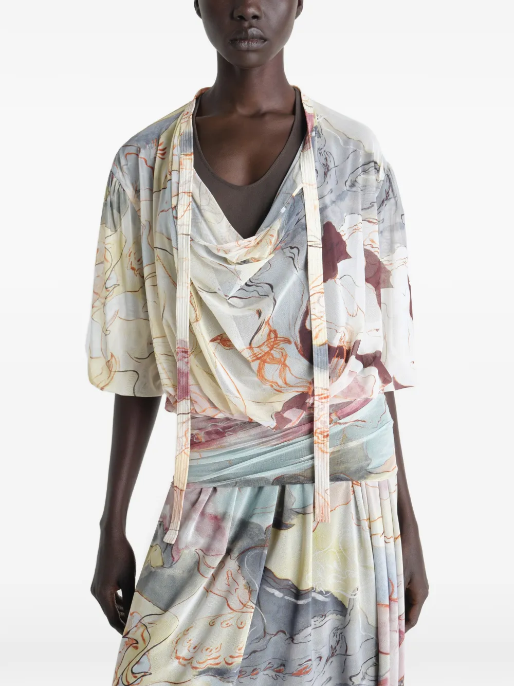 LEMAIRE Gedrapeerde midi-jurk met bloemen-print Beige