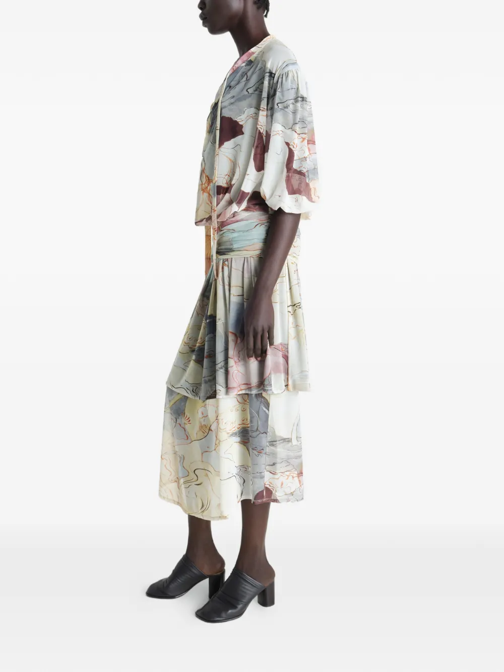 LEMAIRE Gedrapeerde midi-jurk met bloemen-print Beige