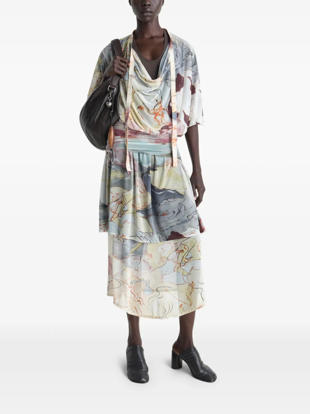 LEMAIRE Gedrapeerde midi-jurk met bloemen-print Beige