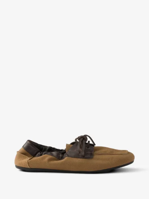 Prada shuffle aged canvas and leather boat shoes