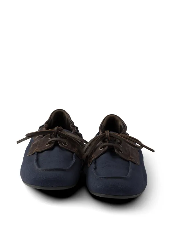 Prada シャッフル エイジドキャンバス＆レザーデッキシューズ | ブルー