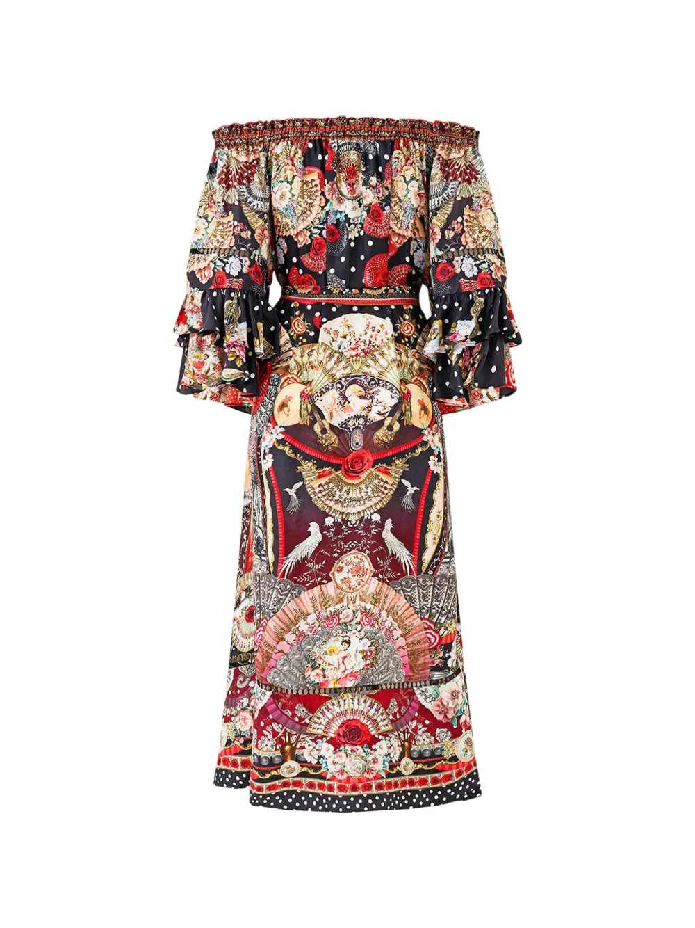 Camilla Daughters of duende off-shoulder ruffled-sleeve midi dress - Nero