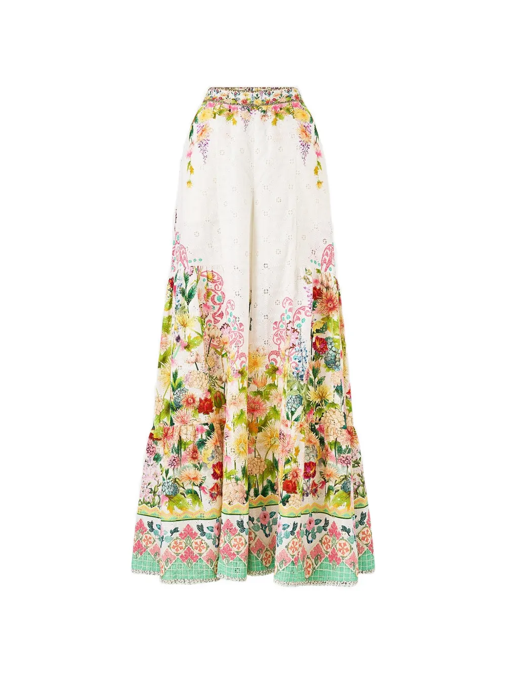 Camilla tiered-panels floral-print cotton trousers - Bianco