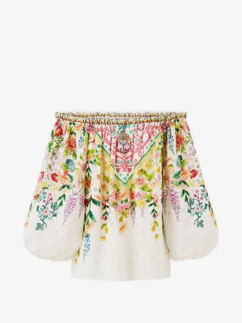 Camilla frill floral-print off-shoulder cotton top