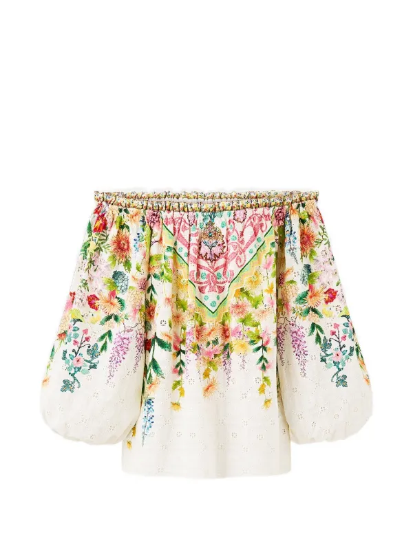 Camilla Frill Floral-print Off-shoulder Cotton Top in White