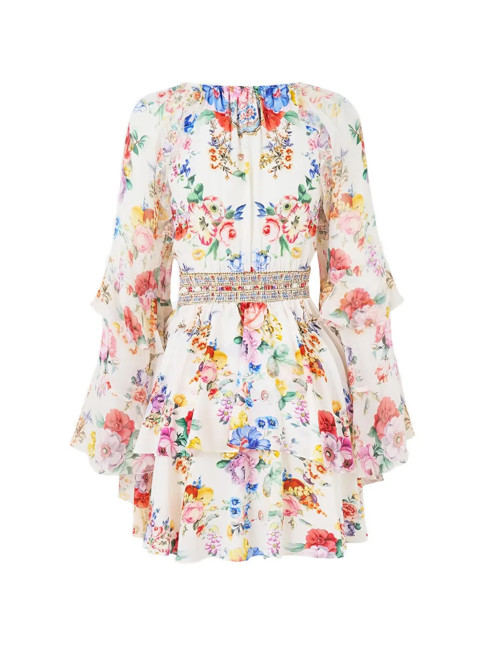 Camilla Mini-jurk met ruchemouwen en bloemenprint Wit