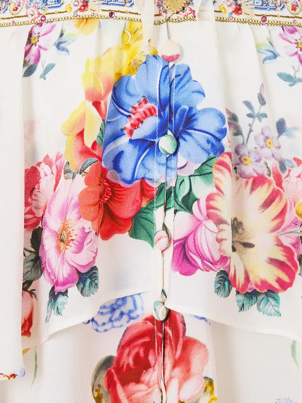 Camilla Mini-jurk met ruchemouwen en bloemenprint Wit