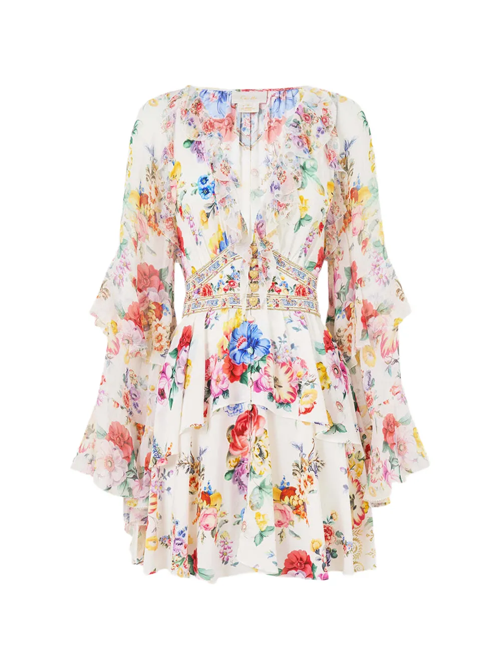 Camilla mini ruffled-sleeve floral dress - Bianco
