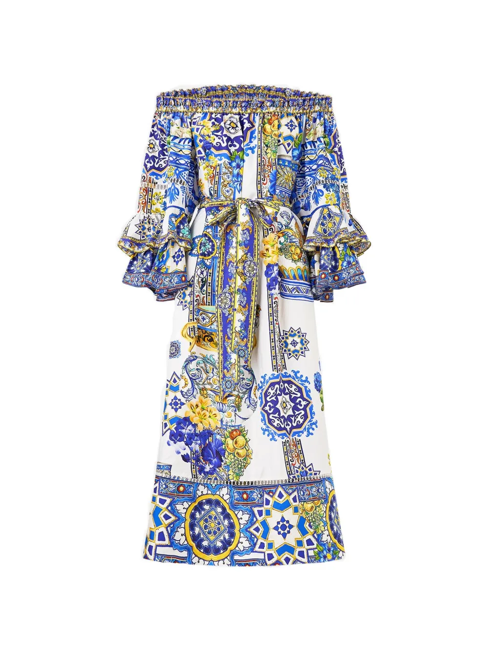 Camilla frill-sleeve off-shoulder midi dress - Bianco