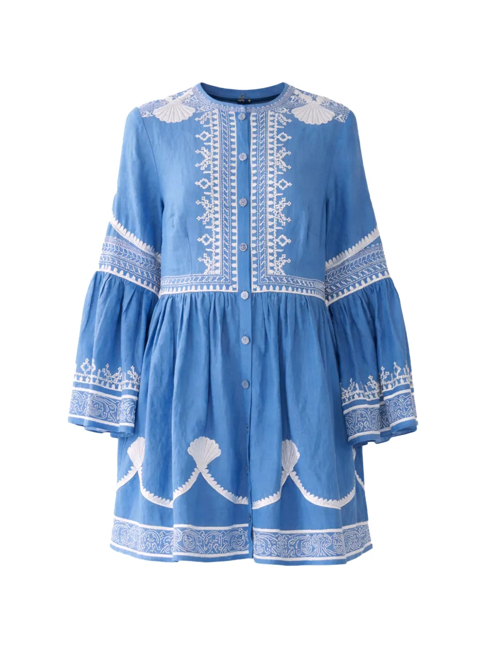 Camilla button-details flared-sleeve mini linen dress - Blu