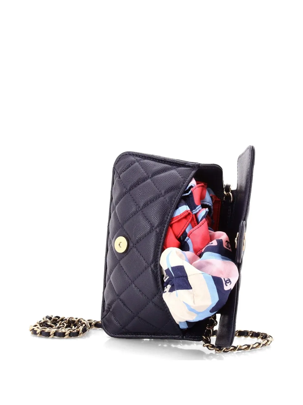 Pre-owned Chanel Foldable With Chain Quilted Caviar With Printed Nylon Tote Bag In Blue