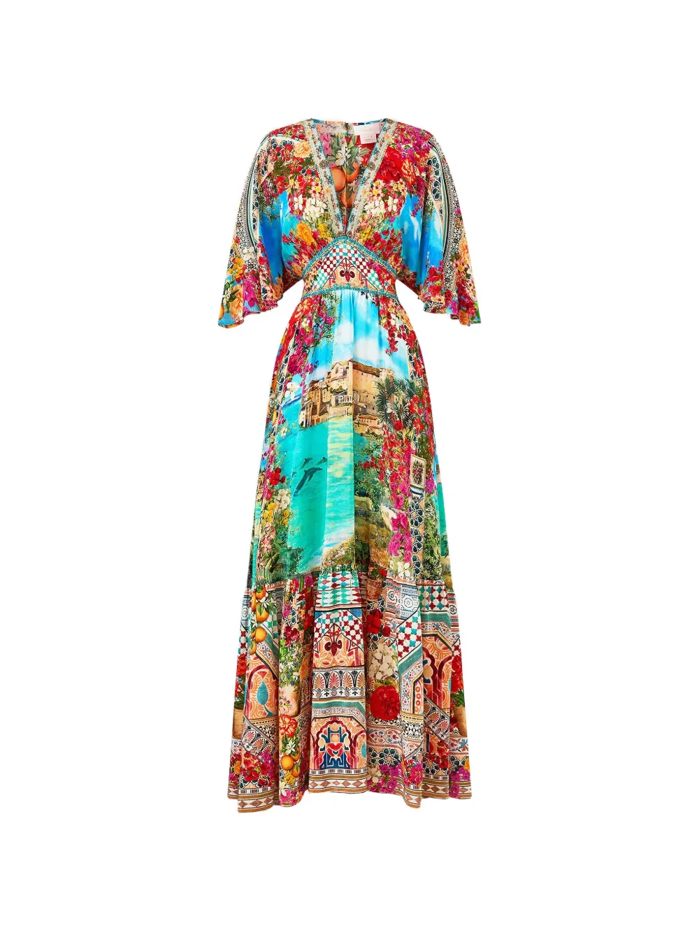 Camilla waisted ruffled-hem maxi silk dress - Rosso