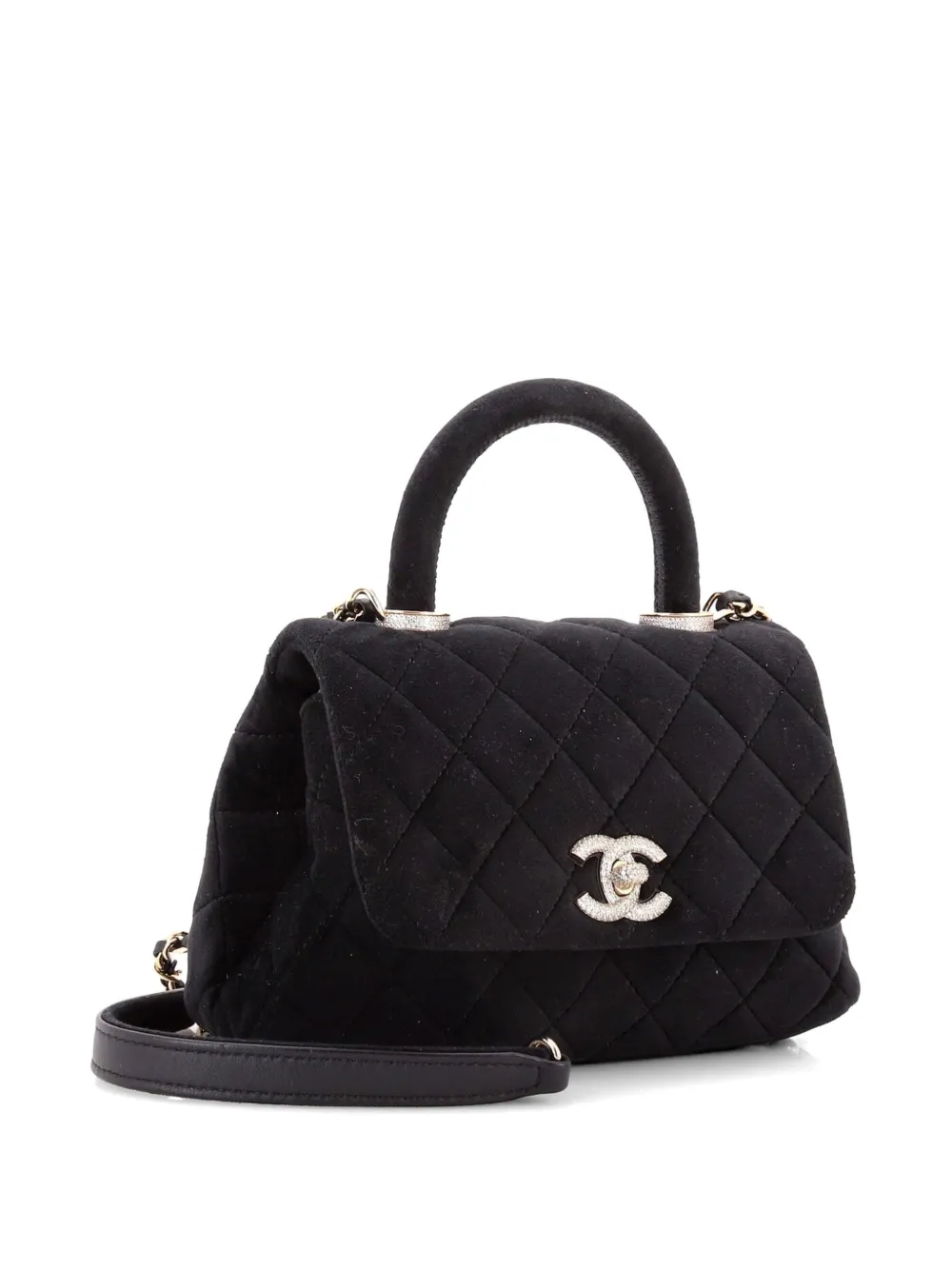  Chanel Pre-owned Coco Top Handle Bag Quilted Velvet With Crystal Detail Extra Mini Crossbody Bag - Black 