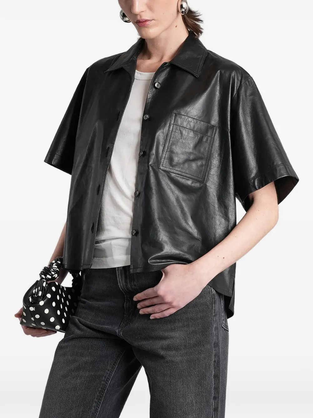 Haikure Leren blouse met korte mouwen Zwart